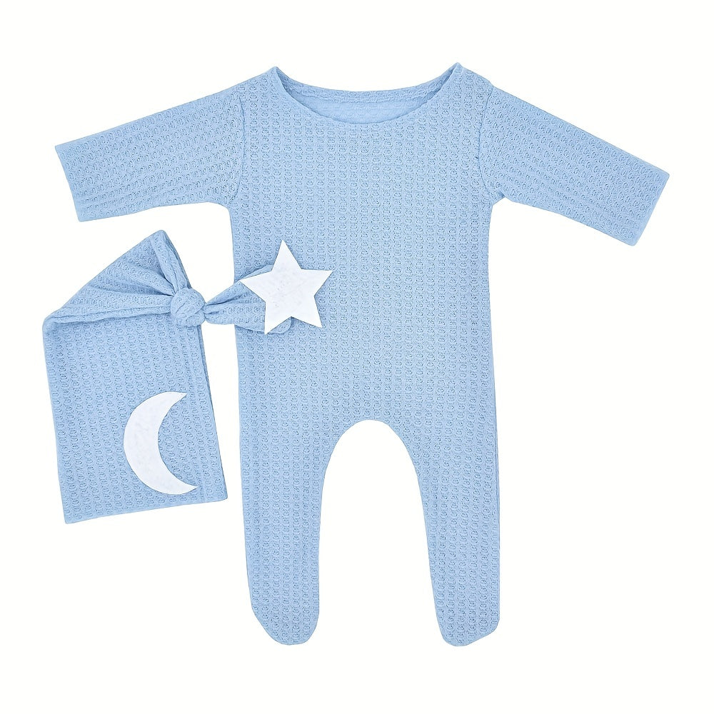 Conjunto Fotografía Bebé Estrellas Luna 2pcs - Pelele Tejido Gorro Cola Larga Sesión Fotos - Huellitas de Vida