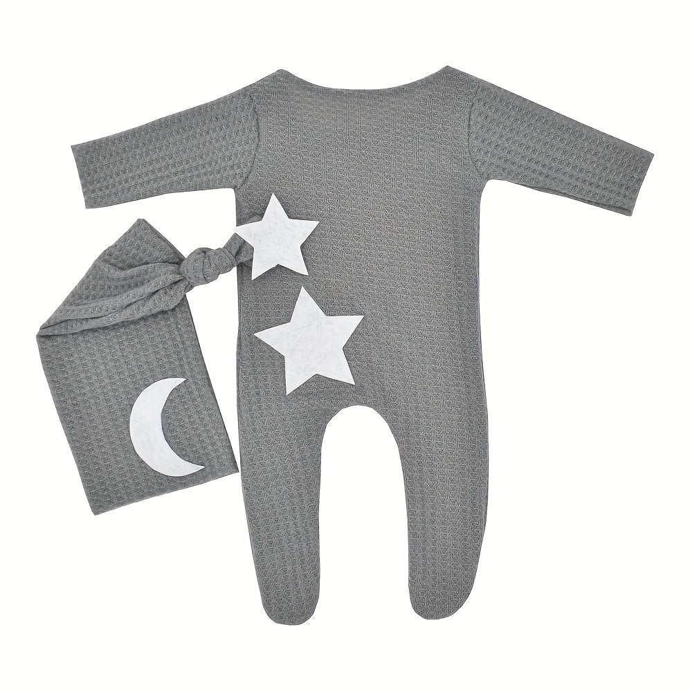 Conjunto Fotografía Bebé Estrellas Luna 2pcs - Pelele Tejido Gorro Cola Larga Sesión Fotos - Huellitas de Vida