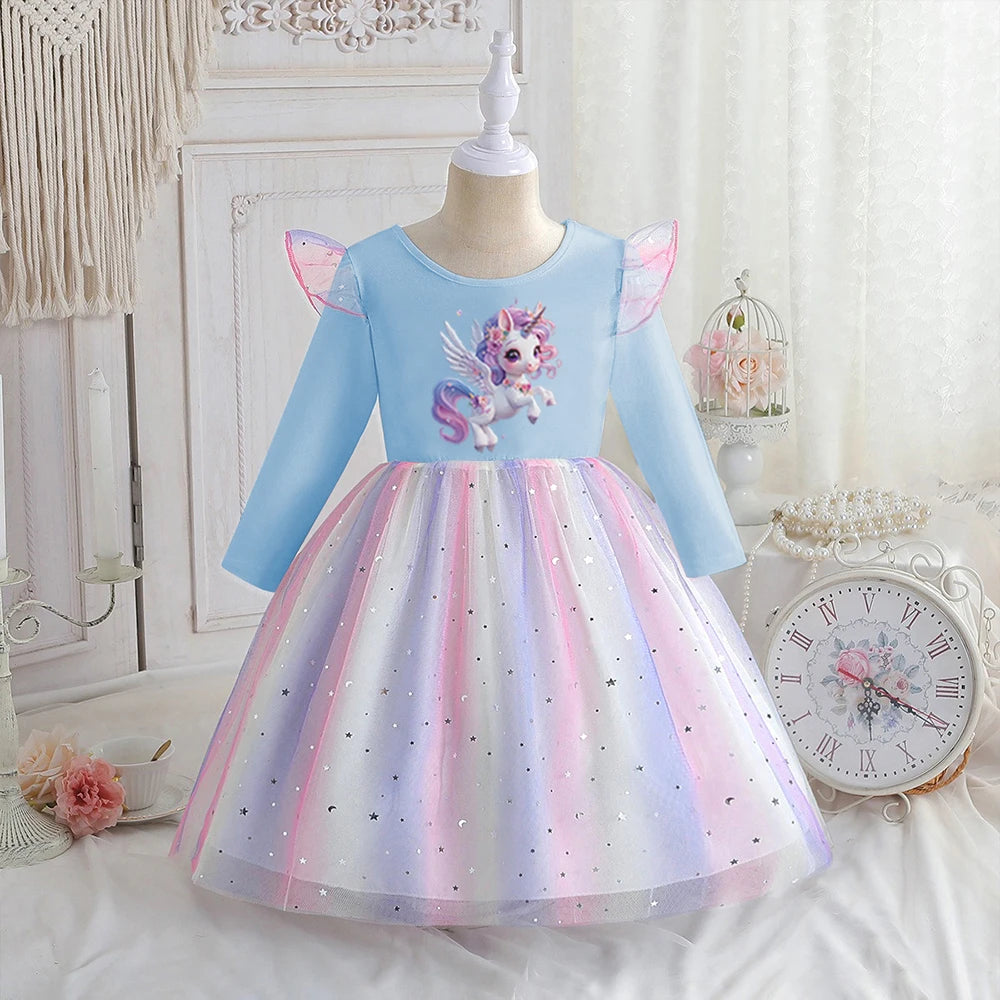 Vestido Unicornio Niña Primavera - Manga Larga Princesa Arcoíris Fiesta - Huellitas de Vida