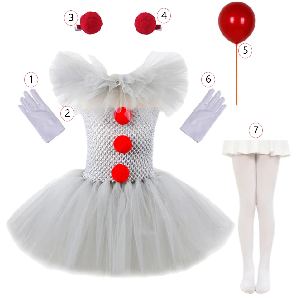 Disfraz Payaso Niña Halloween - Vestido Tutú Gris Cosplay Terror 3-12 Años - Huellitas de Vida