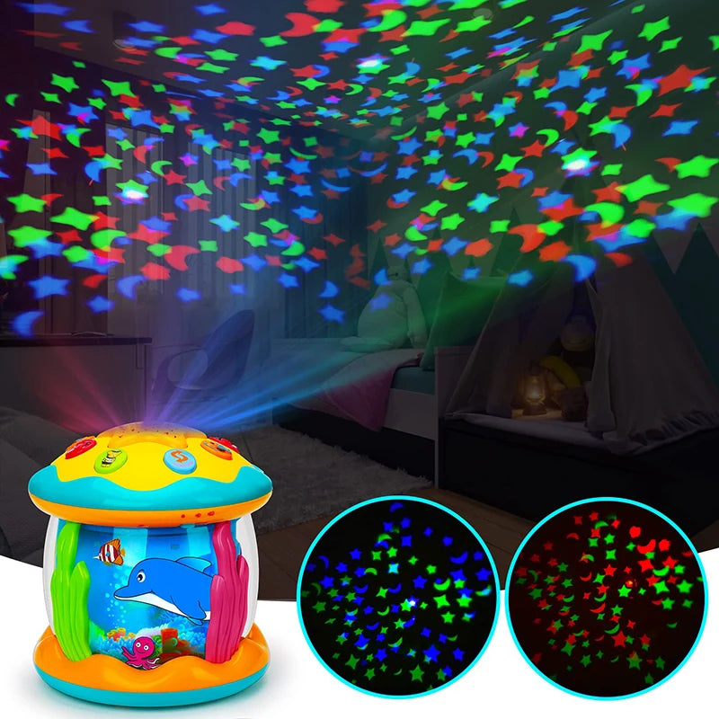 Proyector Oceánico Musical Bebé 1-3 Años - Juguete Sensorial Montessori Luces Rotatorias Educativo - Huellitas de Vida
