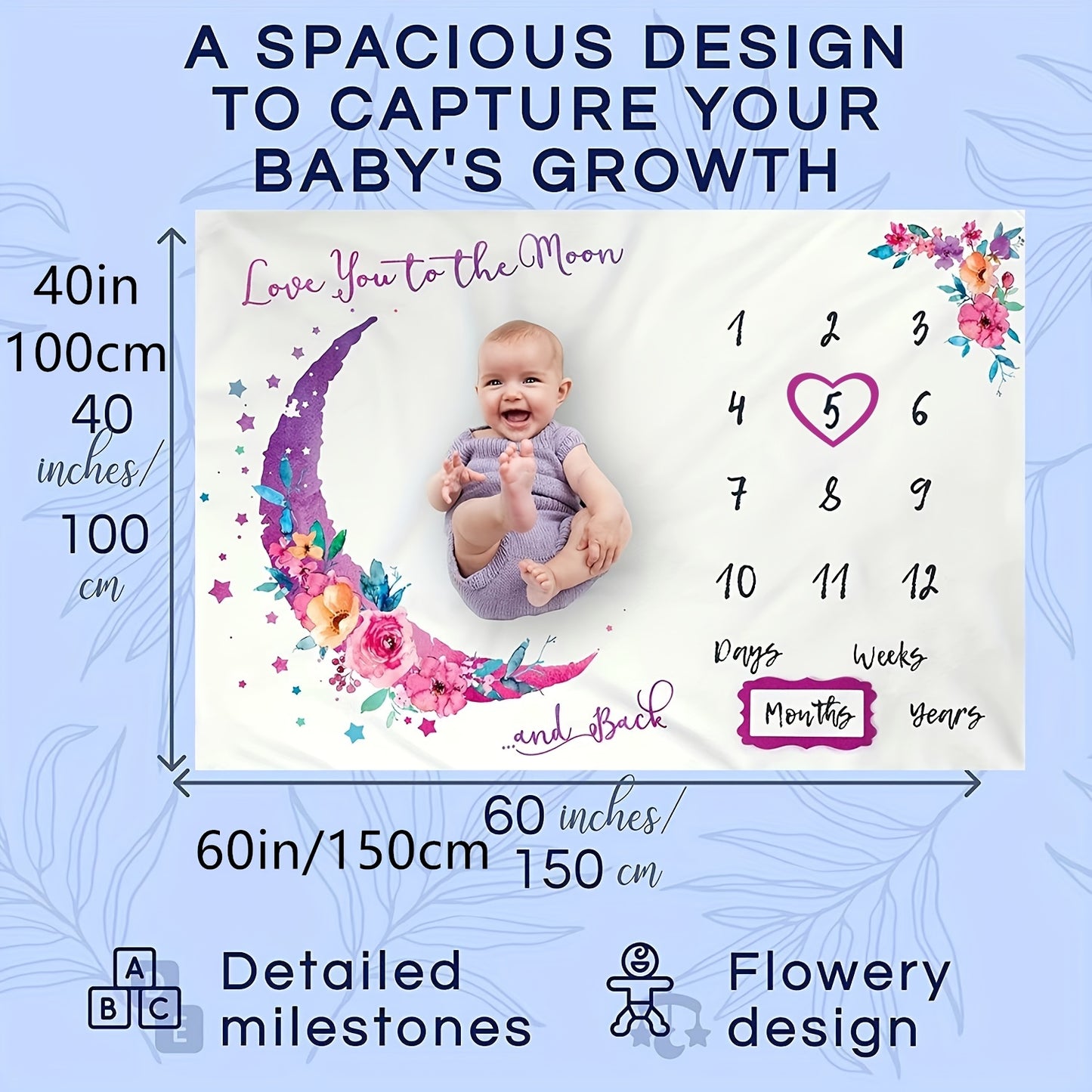 Manta Calendario Lunar Bebé Extra Grande - Fotografía Primer Año Hitos Mensuales Niñas Regalo - Huellitas de Vida
