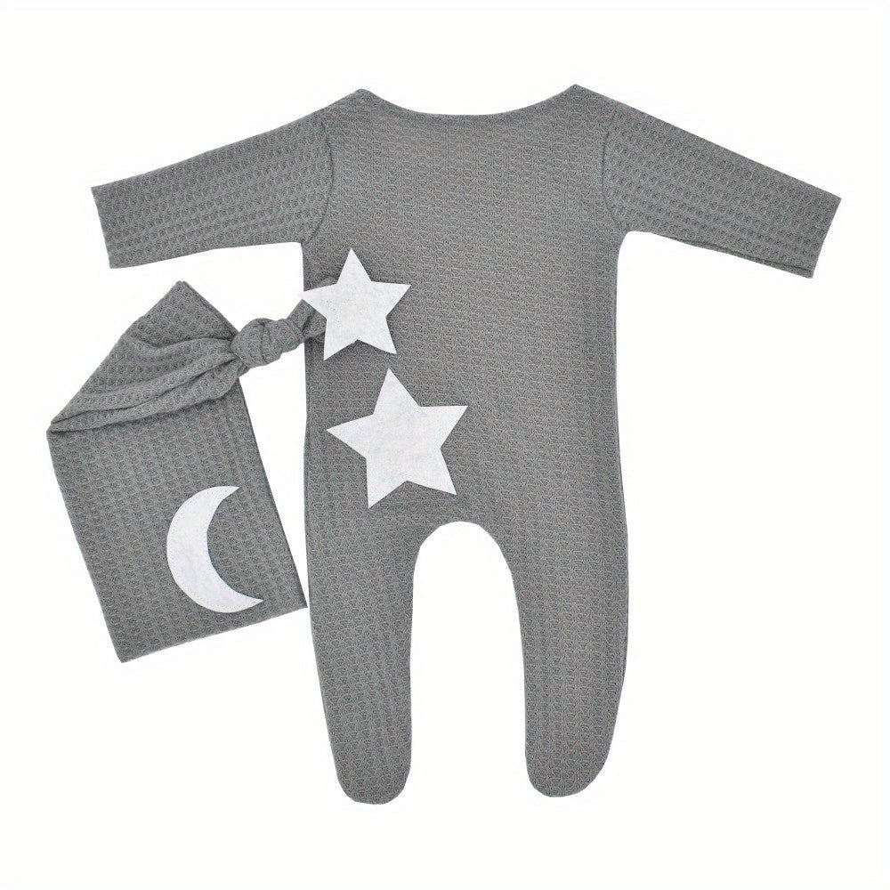 Conjunto Fotografía Bebé Estrellas Luna 2pcs - Pelele Tejido Gorro Cola Larga Sesión Fotos - Huellitas de Vida