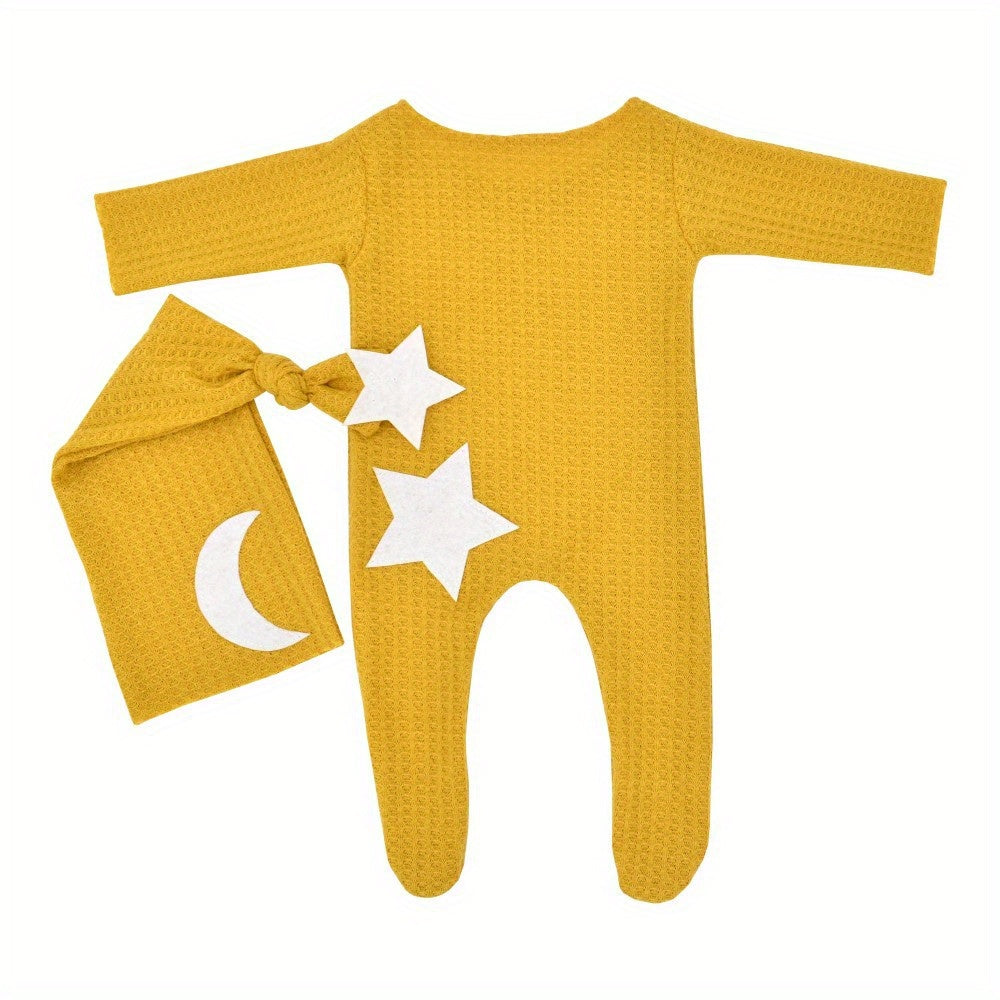 Conjunto Fotografía Bebé Estrellas Luna 2pcs - Pelele Tejido Gorro Cola Larga Sesión Fotos - Huellitas de Vida
