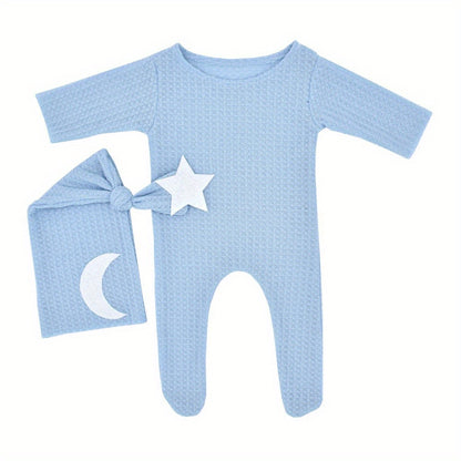 Conjunto Fotografía Bebé Estrellas Luna 2pcs - Pelele Tejido Gorro Cola Larga Sesión Fotos - Huellitas de Vida