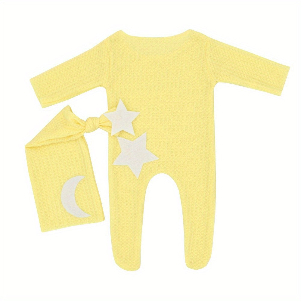 Conjunto Fotografía Bebé Estrellas Luna 2pcs - Pelele Tejido Gorro Cola Larga Sesión Fotos - Huellitas de Vida