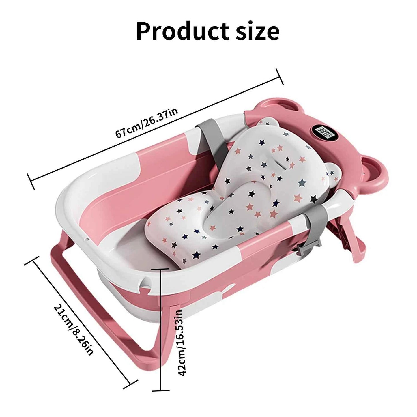 Foldable Baby Bathtub with Thermometer Non-Slip Bath Mat Cushion Support Portable Newborn Shower Tub for 0-15M Travel Bath Pool