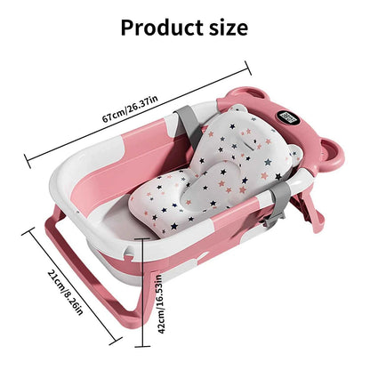 Foldable Baby Bathtub with Thermometer Non-Slip Bath Mat Cushion Support Portable Newborn Shower Tub for 0-15M Travel Bath Pool