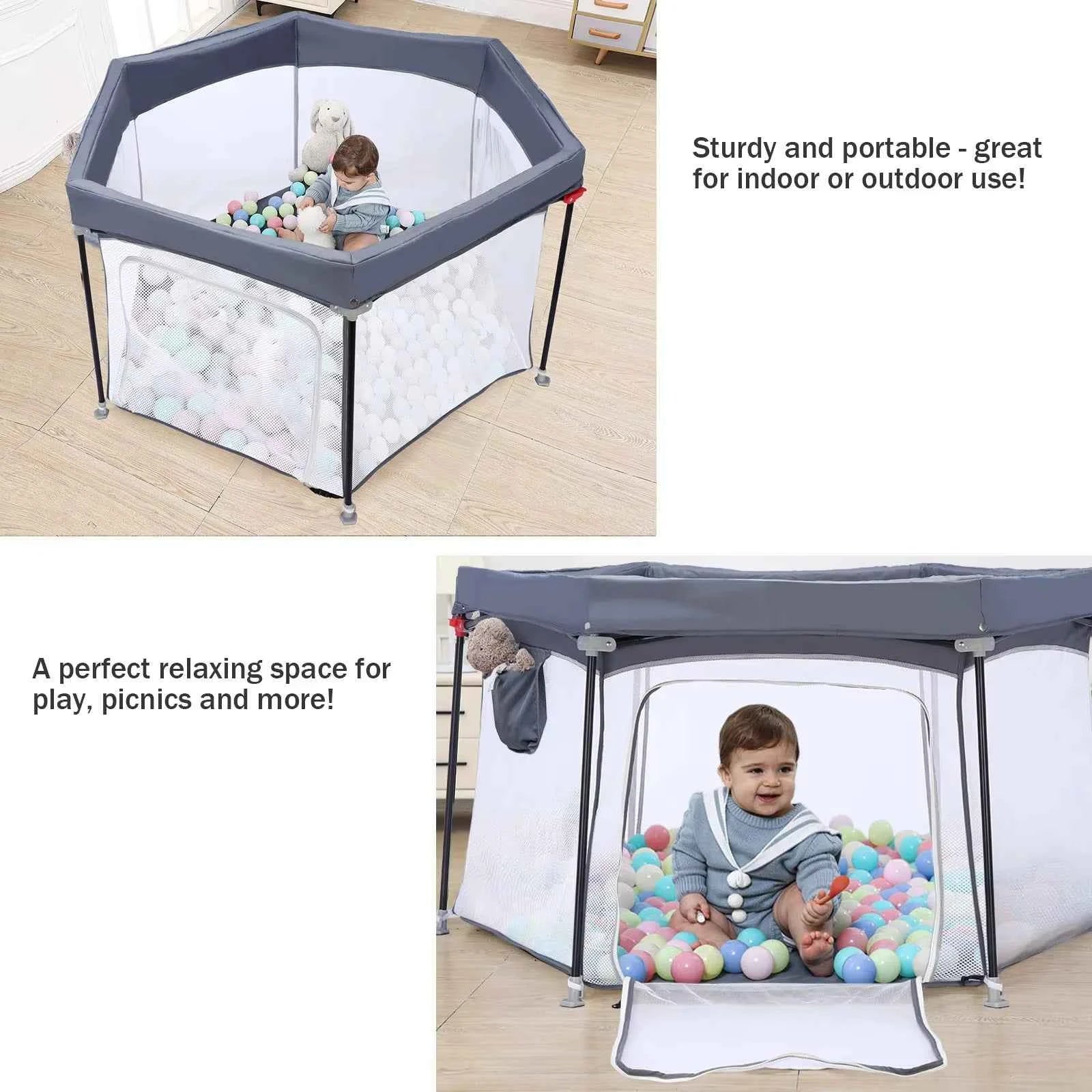 Parque Bebé Hexagonal Plegable Seguro - Malla Transpirable Interior Exterior Gris
