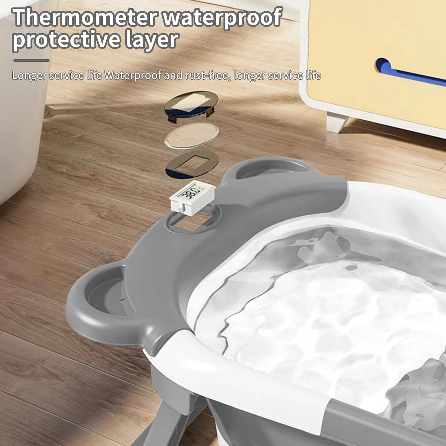 Foldable Baby Bathtub with Thermometer Non-Slip Bath Mat Cushion Support Portable Newborn Shower Tub for 0-15M Travel Bath Pool