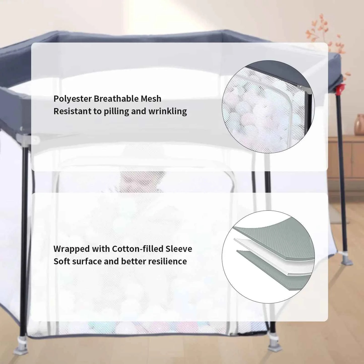 Parque Bebé Hexagonal Plegable Seguro - Malla Transpirable Interior Exterior Gris