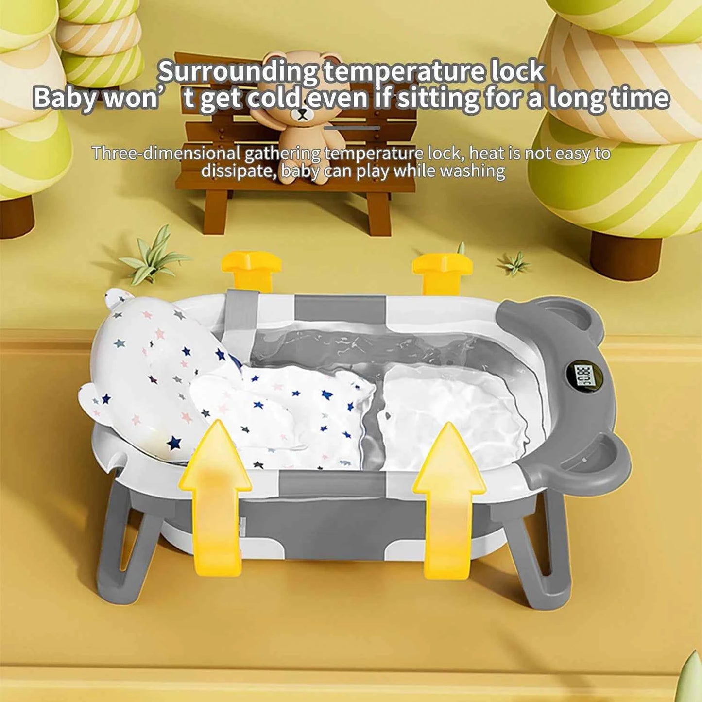 Foldable Baby Bathtub with Thermometer Non-Slip Bath Mat Cushion Support Portable Newborn Shower Tub for 0-15M Travel Bath Pool