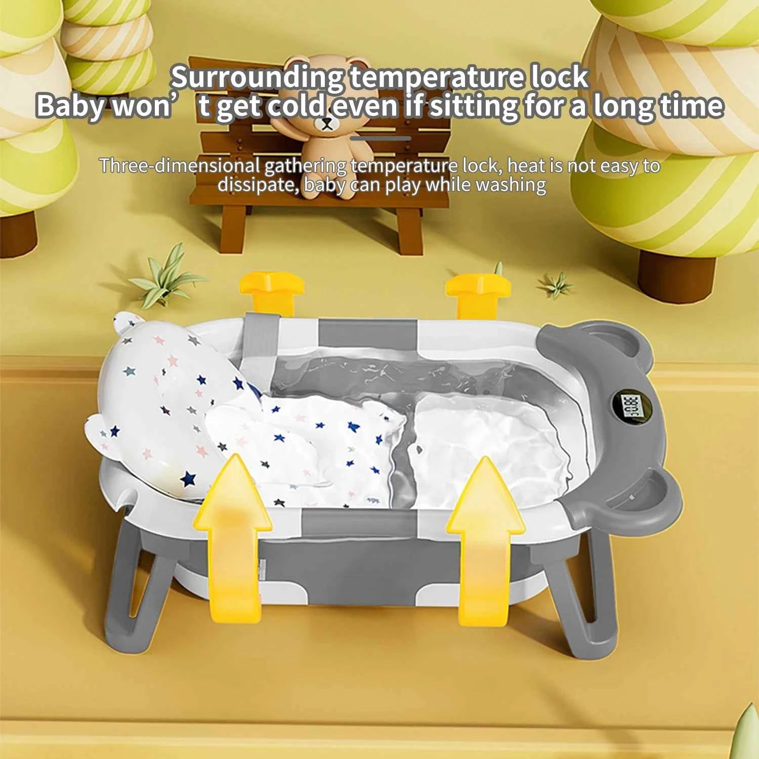 Foldable Baby Bathtub with Thermometer Non-Slip Bath Mat Cushion Support Portable Newborn Shower Tub for 0-15M Travel Bath Pool