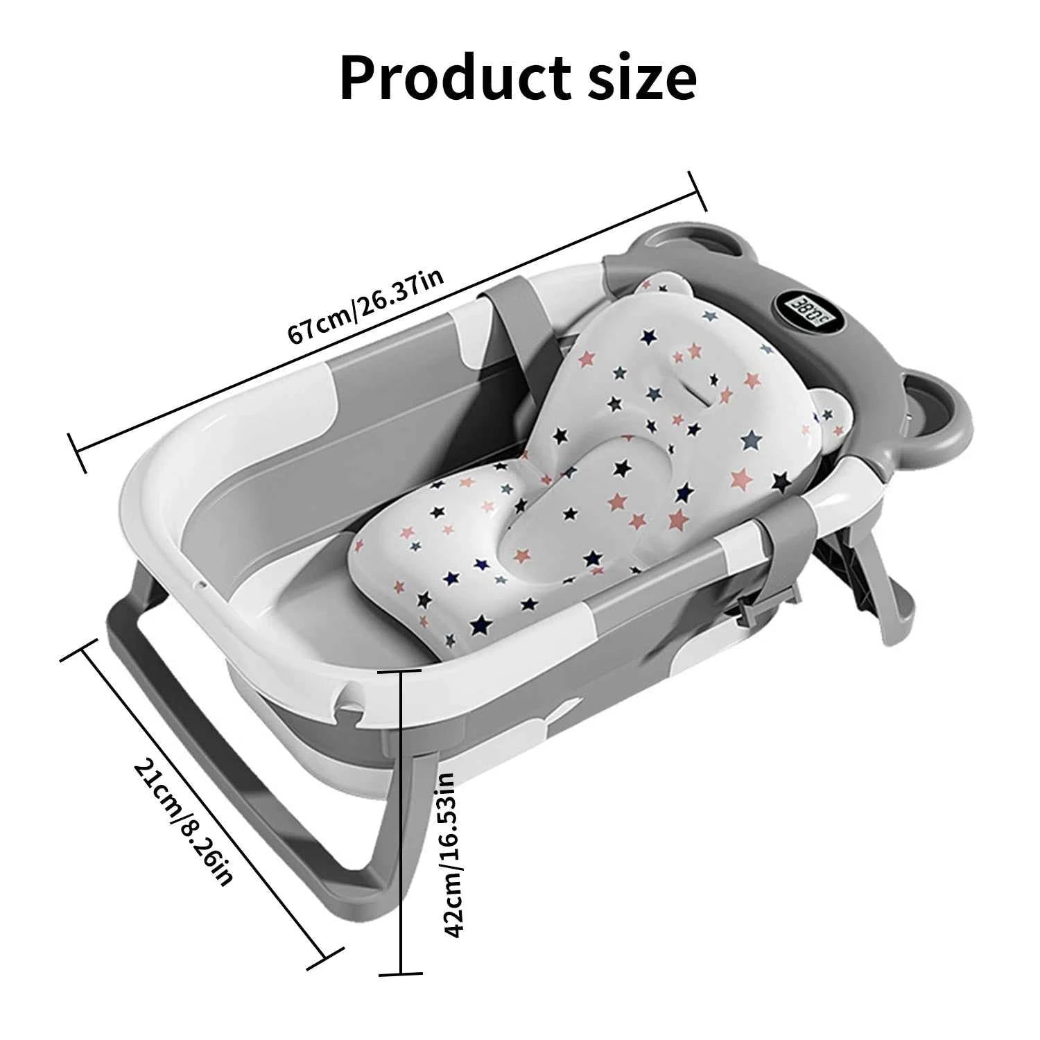 Foldable Baby Bathtub with Thermometer Non-Slip Bath Mat Cushion Support Portable Newborn Shower Tub for 0-15M Travel Bath Pool