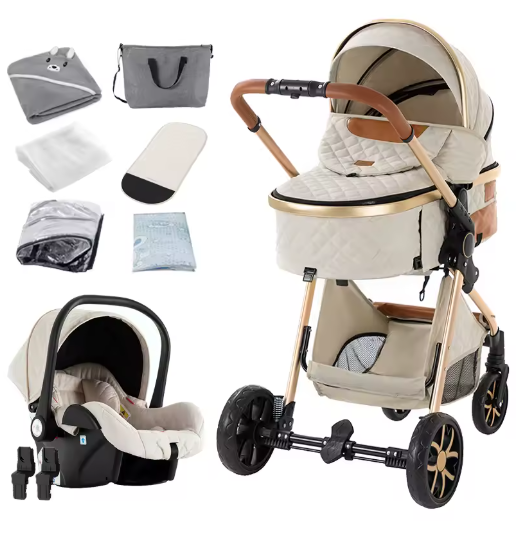 3-in-1 Baby Stroller Travel System - Carrycot, Car Seat, One-Hand Folding