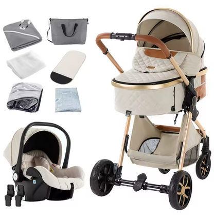 3-in-1 Baby Stroller Travel System - Carrycot, Car Seat, One-Hand Folding