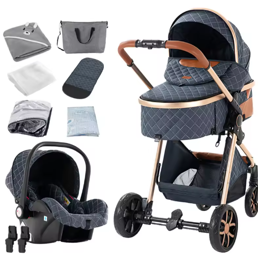 3-in-1 Baby Stroller Travel System - Carrycot, Car Seat, One-Hand Folding