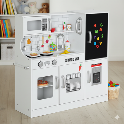 Cocina Juguete Madera Niños 3+ Años Accesorios - Pizarra Heladera Teléfono Blanca