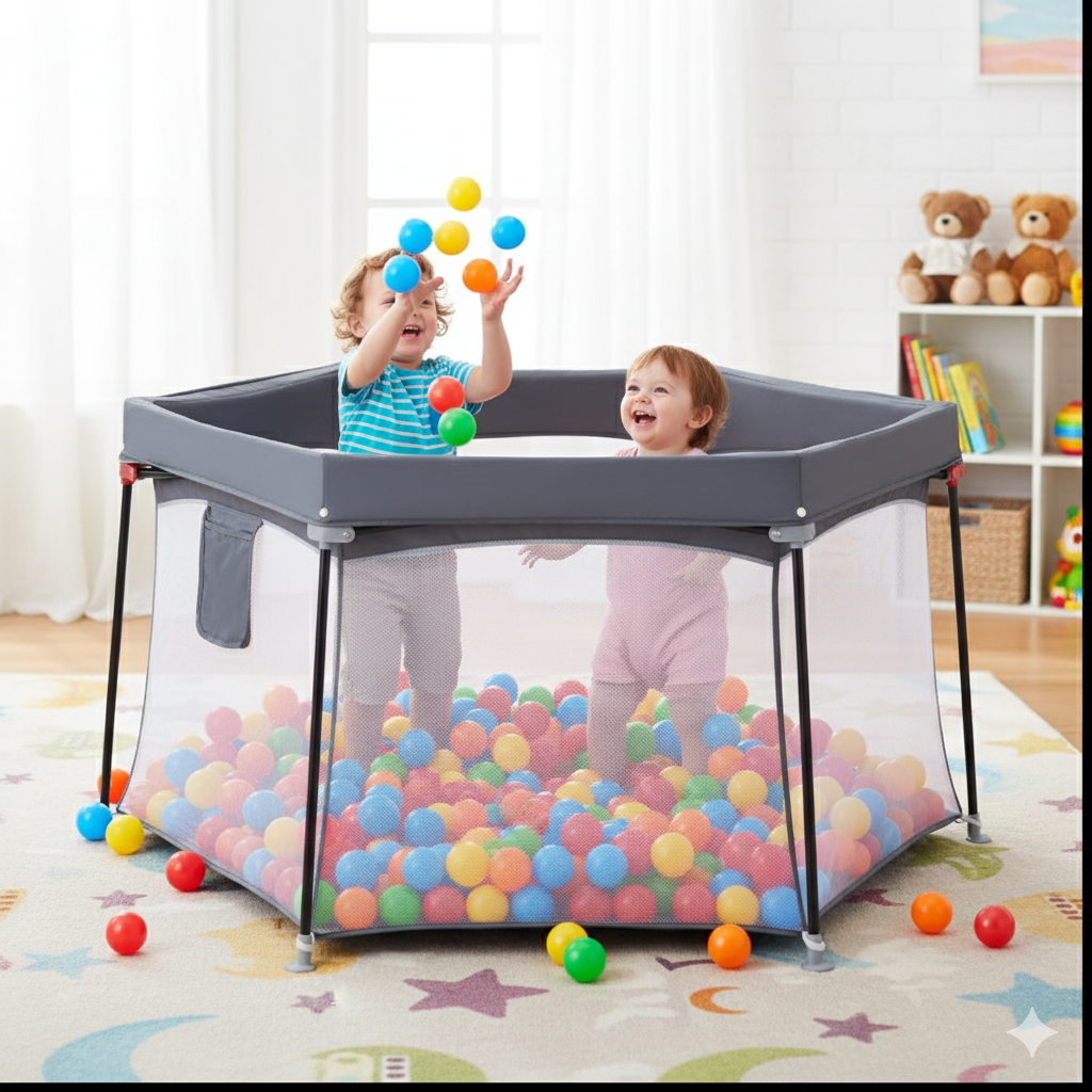 Parque Bebé Hexagonal Plegable Seguro - Malla Transpirable Interior Exterior Gris