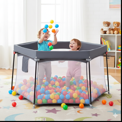 Parque Bebé Hexagonal Plegable Seguro - Malla Transpirable Interior Exterior Gris