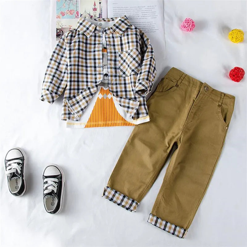 Conjunto Niño 3 Piezas Cuadros - Abrigo Camiseta Pantalón Traje Primavera Otoño Elegante - Huellitas de Vida