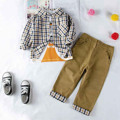 Conjunto Niño 3 Piezas Cuadros - Abrigo Camiseta Pantalón Traje Primavera Otoño Elegante - Huellitas de Vida