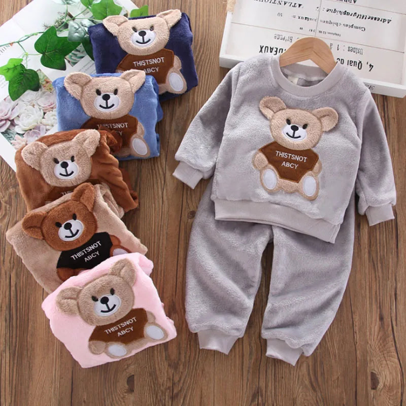 Pijama Franela Bebé Osito Cartoon - Pijama Invierno Niños Niñas Felpa Cálido Azul Casa - Huellitas de Vida