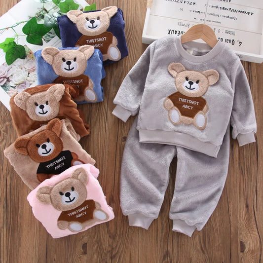 Pijama Franela Bebé Osito Cartoon - Pijama Invierno Niños Niñas Felpa Cálido Azul Casa - Huellitas de Vida