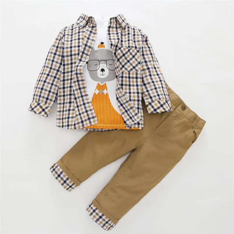 Conjunto Niño 3 Piezas Cuadros - Abrigo Camiseta Pantalón Traje Primavera Otoño Elegante - Huellitas de Vida