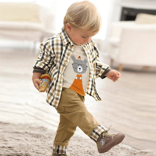 Conjunto Niño 3 Piezas Cuadros - Abrigo Camiseta Pantalón Traje Primavera Otoño Elegante - Huellitas de Vida