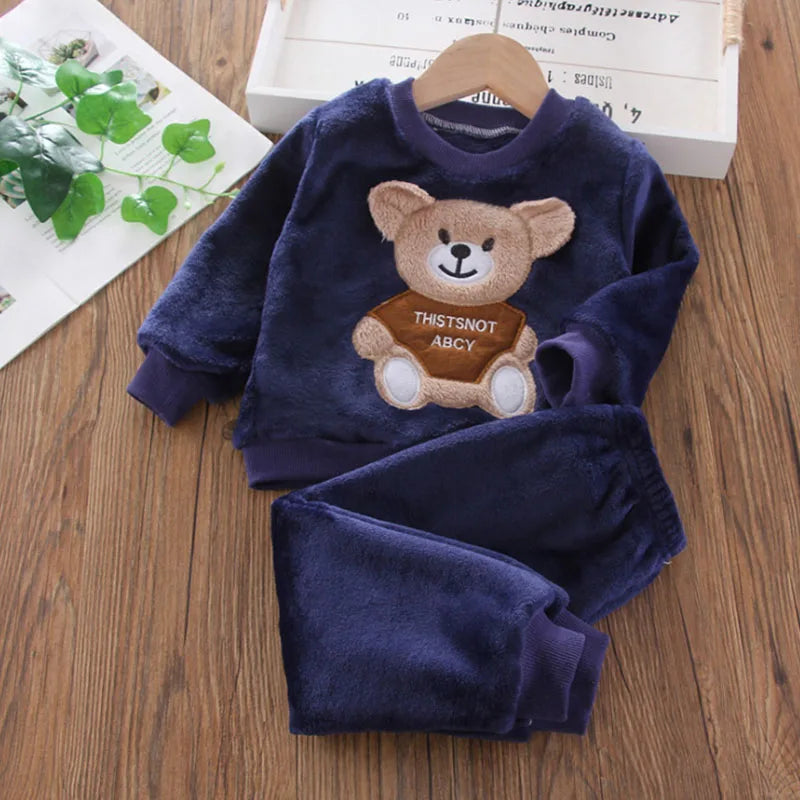 Pijama Franela Bebé Osito Cartoon - Pijama Invierno Niños Niñas Felpa Cálido Azul Casa - Huellitas de Vida