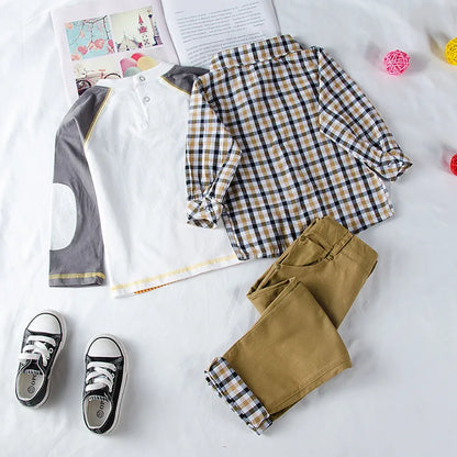 Conjunto Niño 3 Piezas Cuadros - Abrigo Camiseta Pantalón Traje Primavera Otoño Elegante - Huellitas de Vida