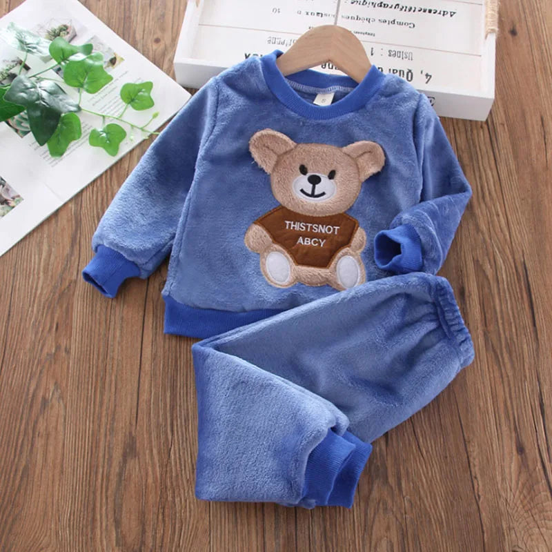 Pijama Franela Bebé Osito Cartoon - Pijama Invierno Niños Niñas Felpa Cálido Azul Casa - Huellitas de Vida