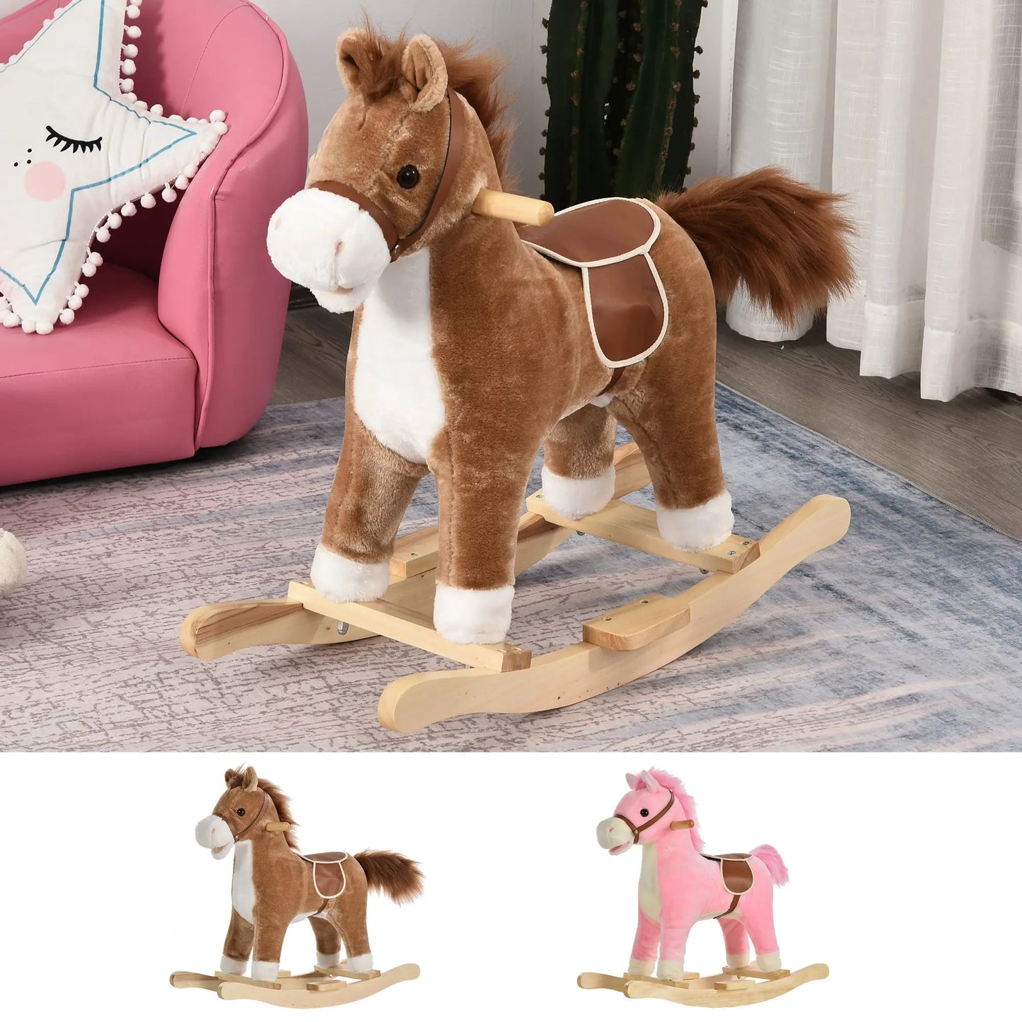 Caballo Balancín Niños 3-6 Años Música Boca Cola Móviles - Mecedora Madera 65x32.5x61cm
