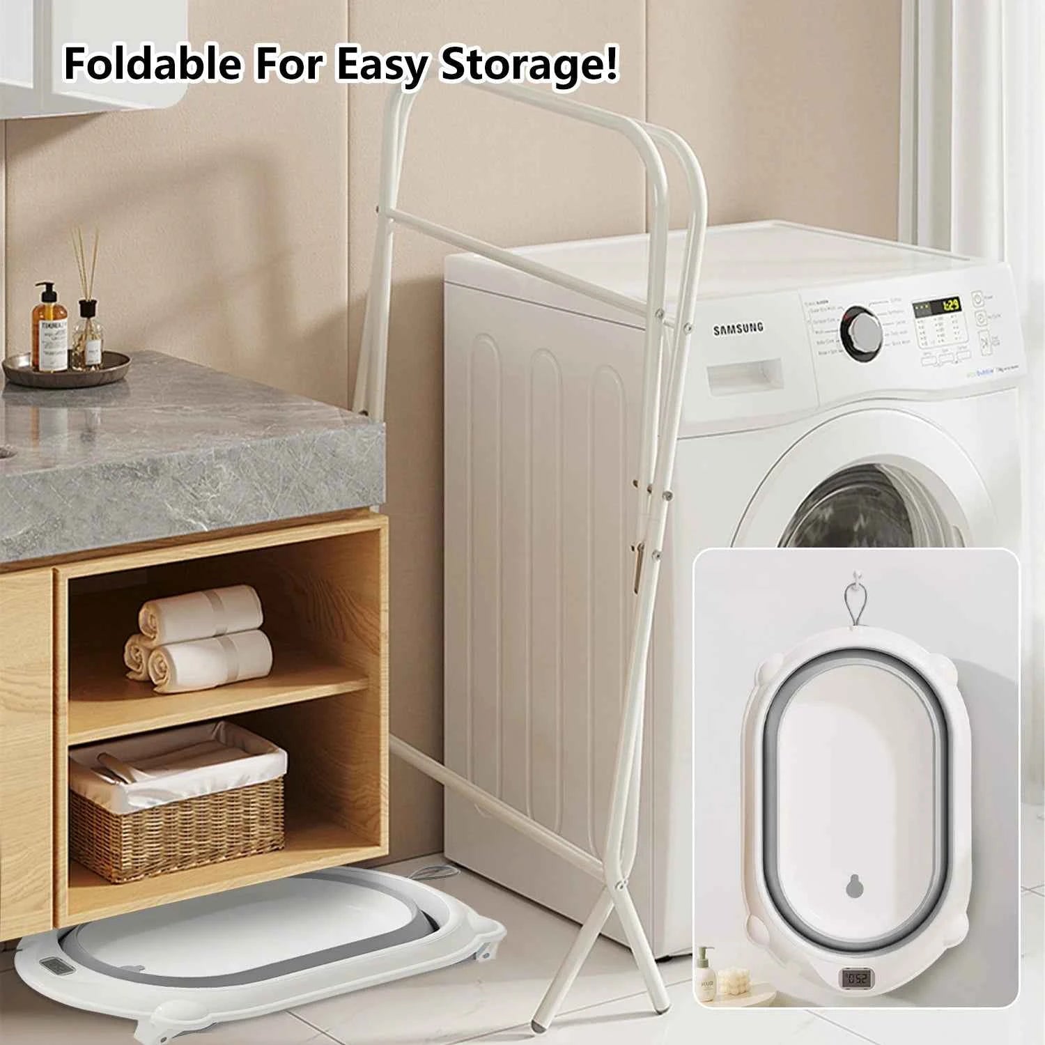 Bañera Bebé 3 en 1 Plegable con Soporte - Termómetro Almohada Recién Nacidos Gris