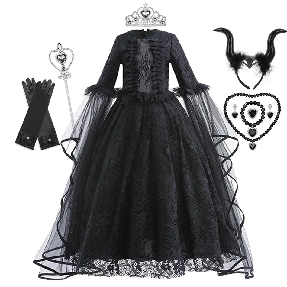 Disfraz Bruja Niña Halloween - Vestido Negro Lujo Encaje Lentejuelas Maleficent - Huellitas de Vida