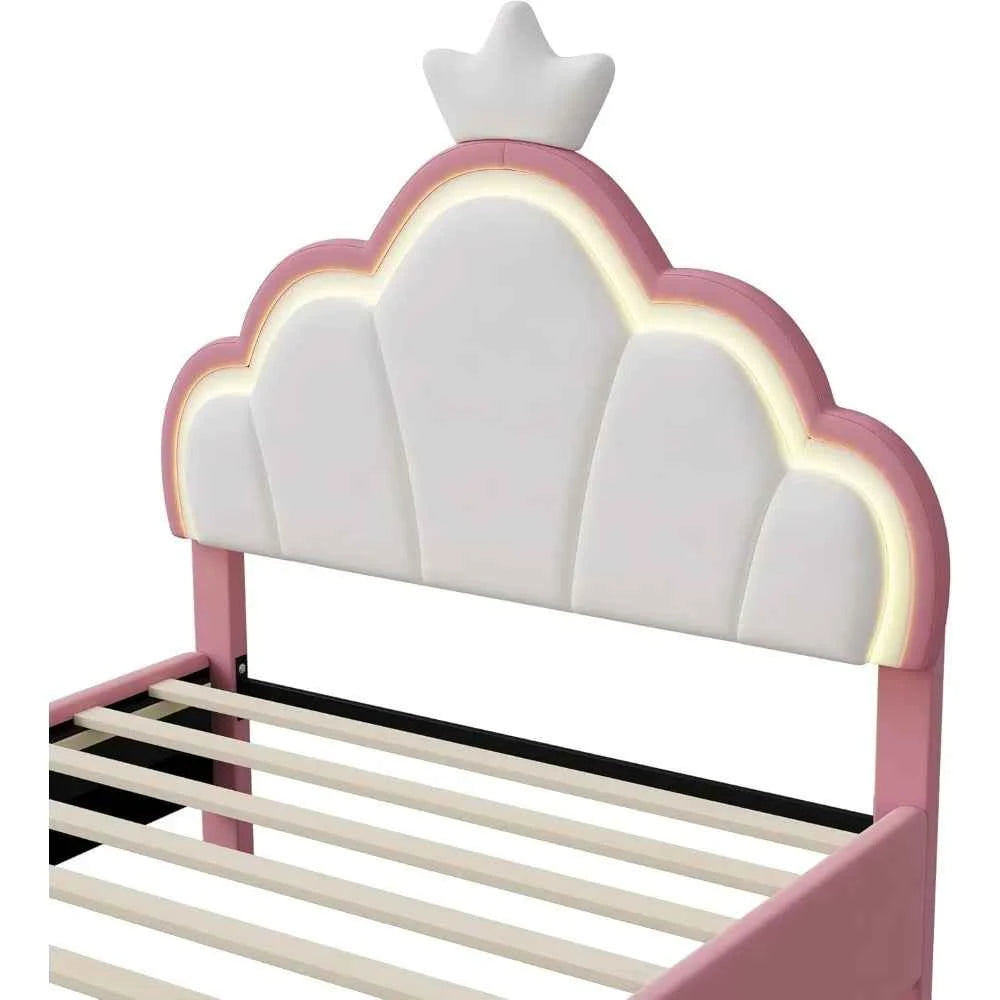 Cama Infantil Princesa 90x200 Acolchada Altura Ajustable - Cabecero Corona LED