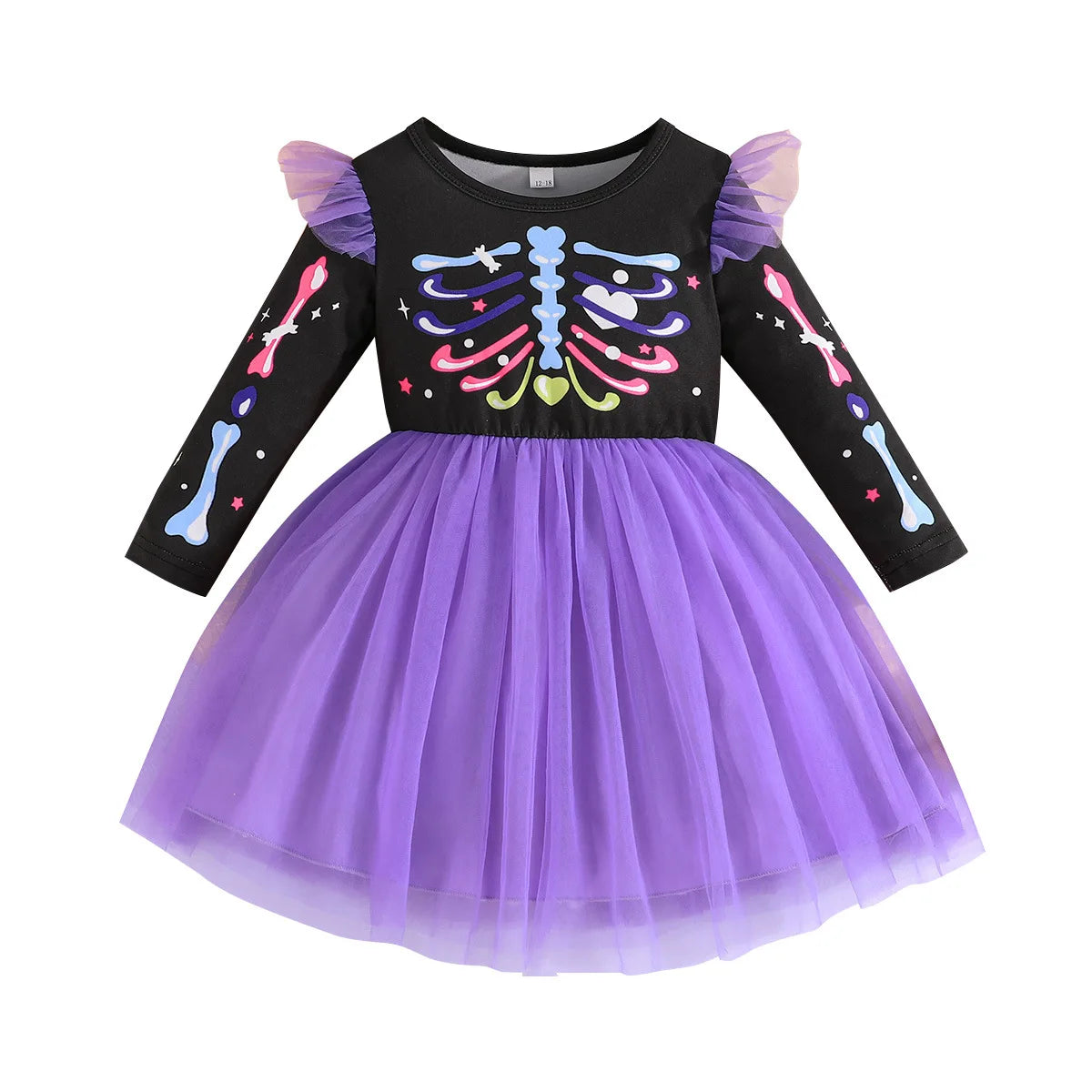 Vestido Halloween Niña Esqueleto - Tutú Colorido Hombros Volantes Temático - Huellitas de Vida