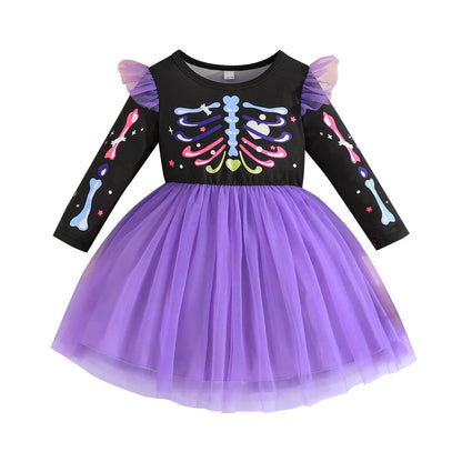 Vestido Halloween Niña Esqueleto - Tutú Colorido Hombros Volantes Temático - Huellitas de Vida
