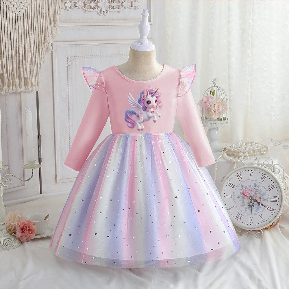 Vestido Unicornio Niña Primavera - Manga Larga Princesa Arcoíris Fiesta - Huellitas de Vida