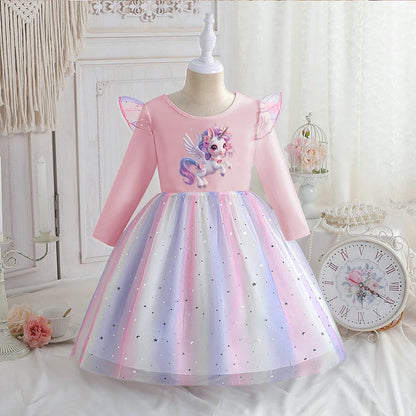 Vestido Unicornio Niña Primavera - Manga Larga Princesa Arcoíris Fiesta - Huellitas de Vida