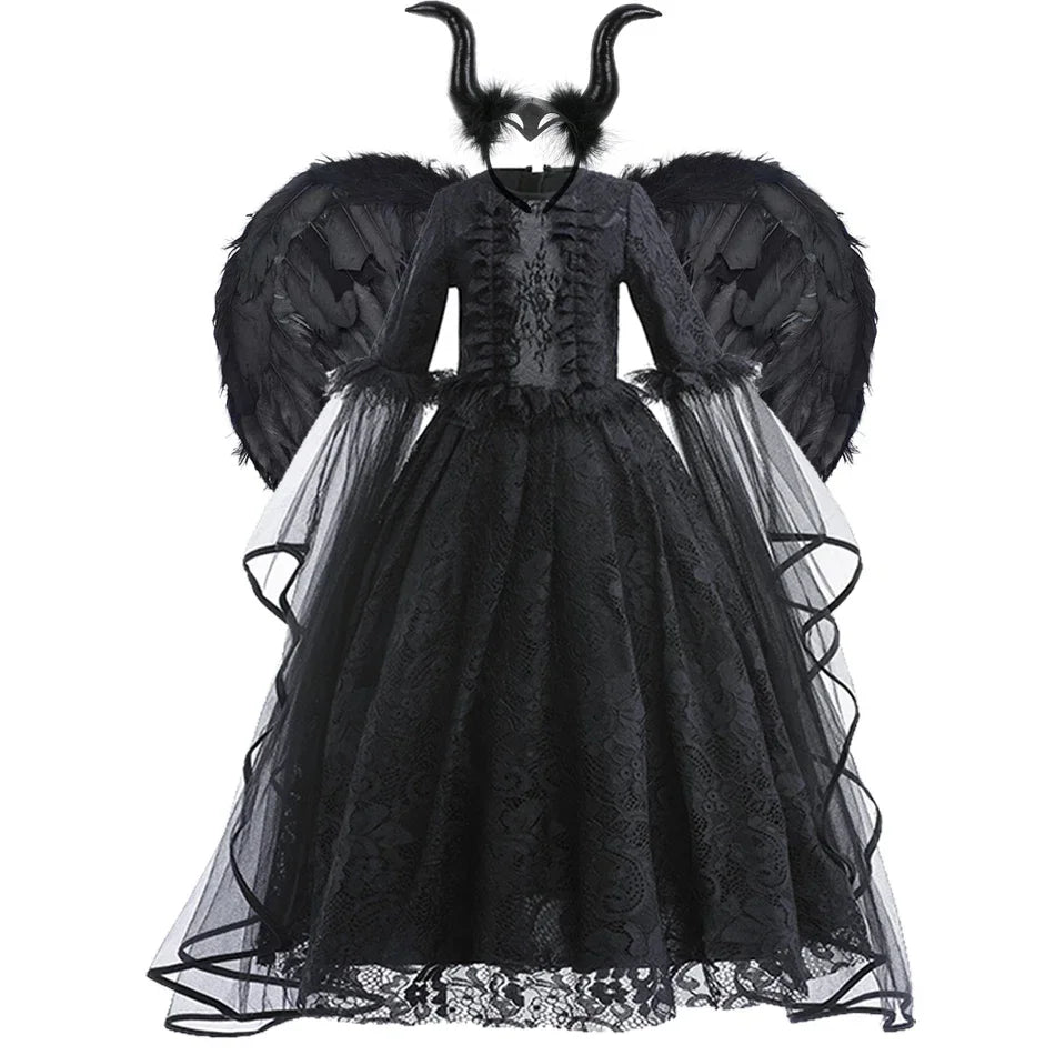Disfraz Bruja Niña Halloween - Vestido Negro Lujo Encaje Lentejuelas Maleficent - Huellitas de Vida