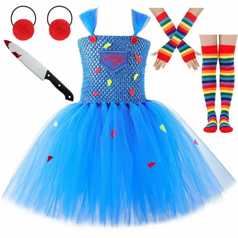 Disfraz Chucky Niña Halloween - Vestido Tutú Muñeca Terror Conjunto Completo - Huellitas de Vida