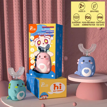 Cepillo Eléctrico Forma U Niños 360° - Cepillo Dientes Automático Recargable Silicona Rosa - Huellitas de Vida
