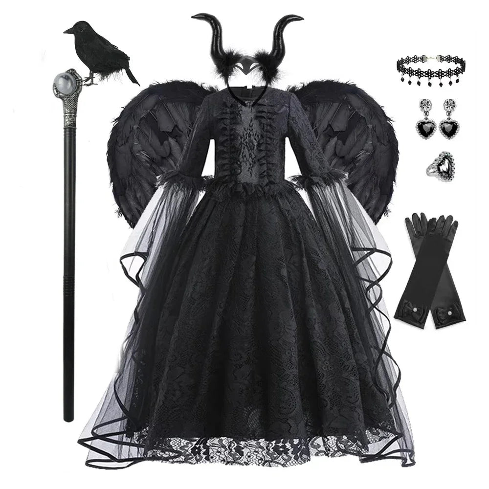 Disfraz Bruja Niña Halloween - Vestido Negro Lujo Encaje Lentejuelas Maleficent - Huellitas de Vida