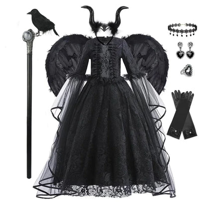 Disfraz Bruja Niña Halloween - Vestido Negro Lujo Encaje Lentejuelas Maleficent - Huellitas de Vida