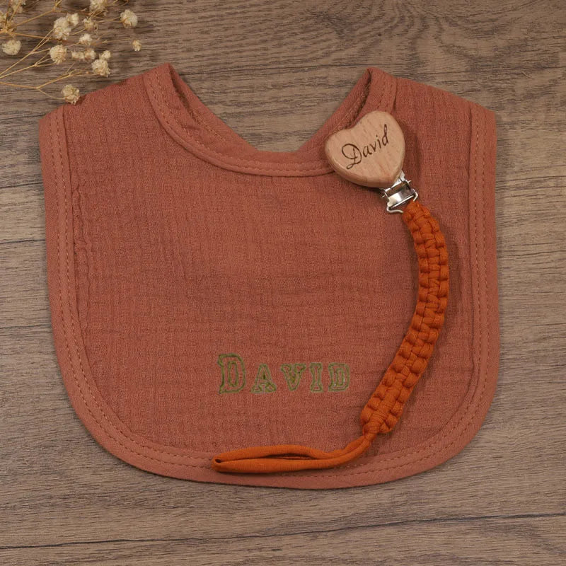 Set Baberos Cadena Chupete Personalizado - Babero Algodón Bordado Nombre Regalo Bautizo Baby Shower - Huellitas de Vida
