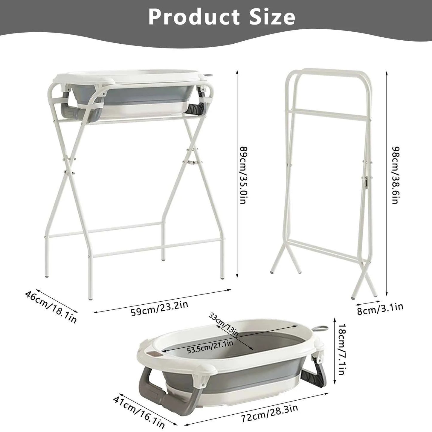 Bañera Bebé 3 en 1 Plegable con Soporte - Termómetro Almohada Recién Nacidos Gris