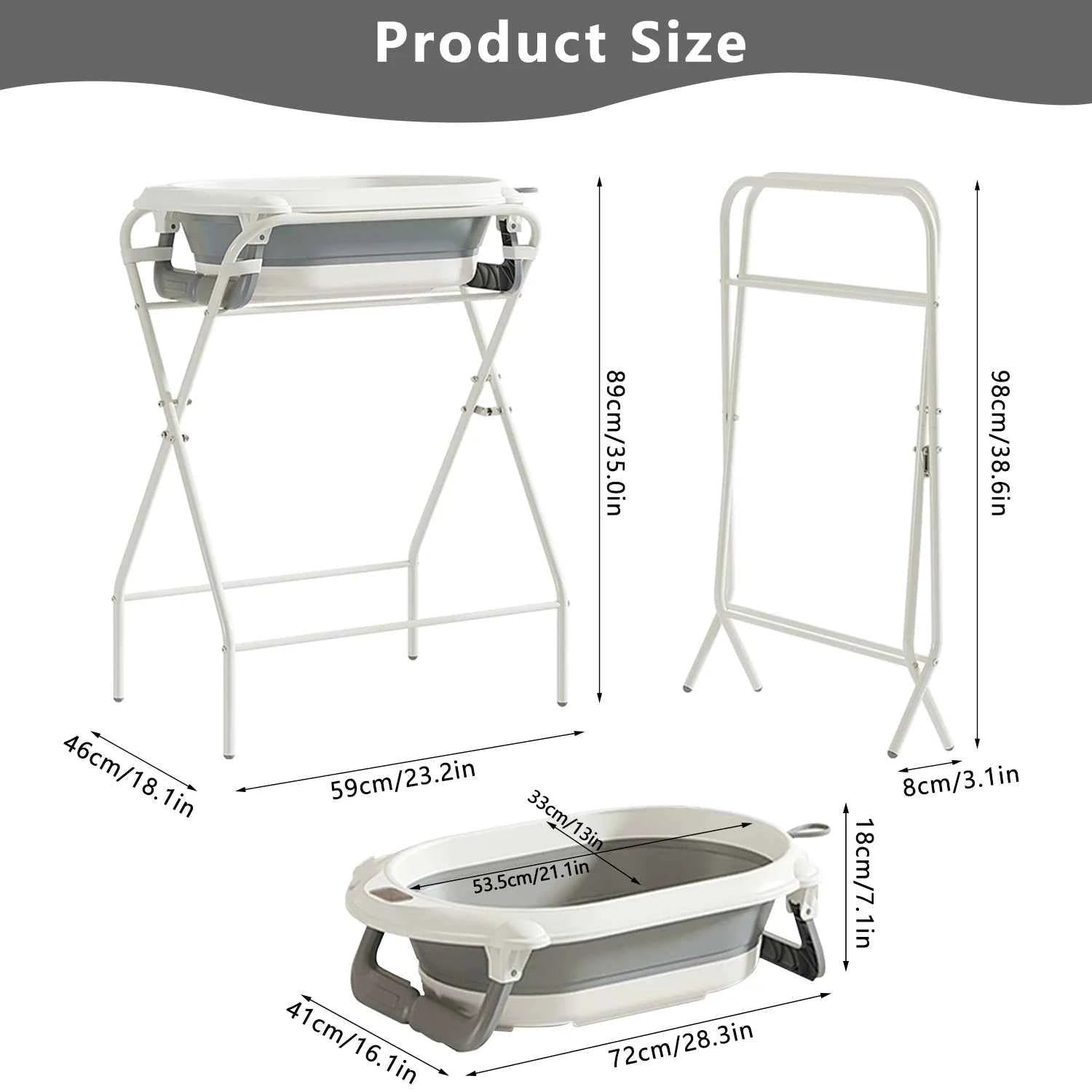 Bañera Bebé 3 en 1 Plegable con Soporte - Termómetro Almohada Recién Nacidos Gris