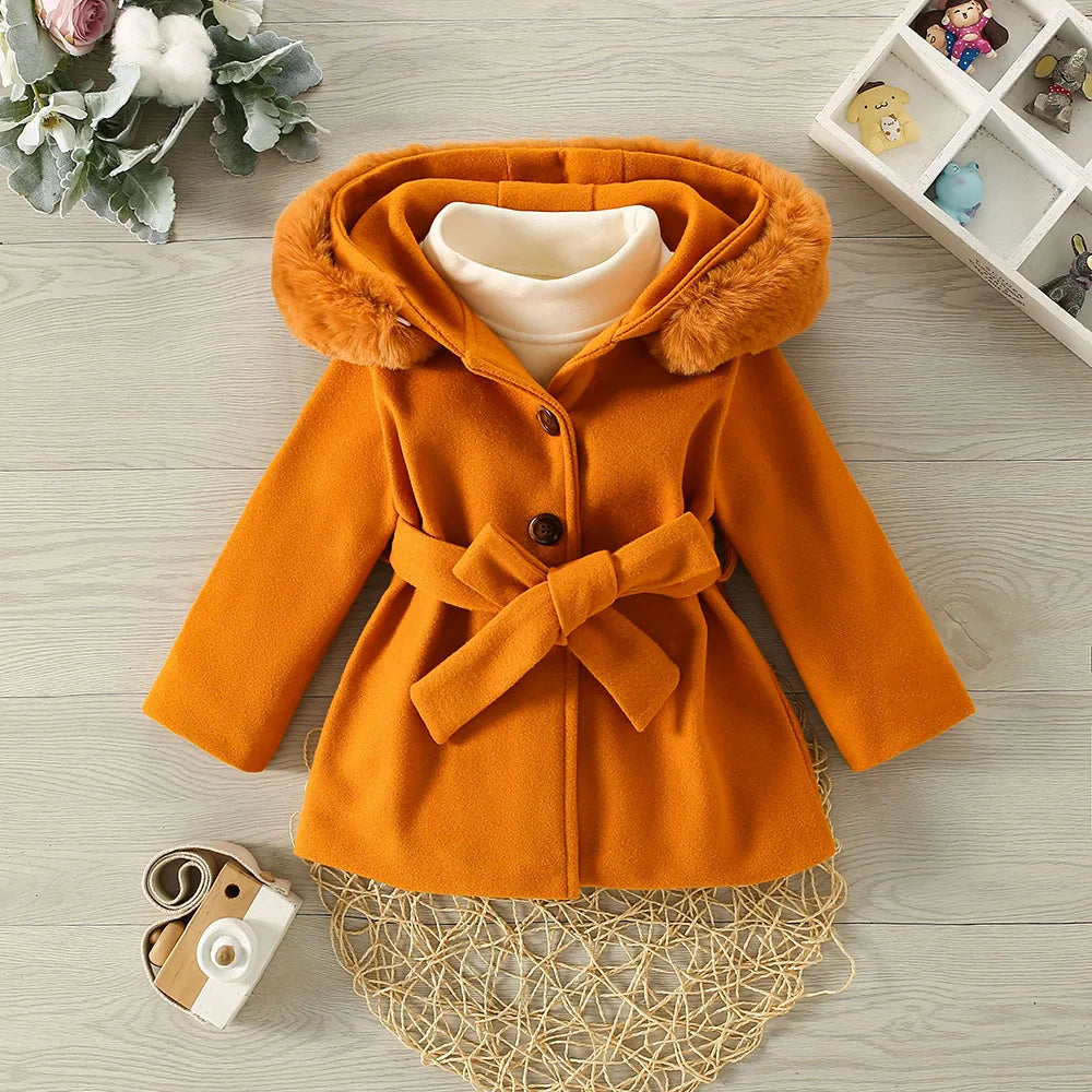 Abrigo Invierno Niñas Terciopelo Capucha - Abrigo Cálido Manga Larga Lazo Cintura Color Sólido - Huellitas de Vida